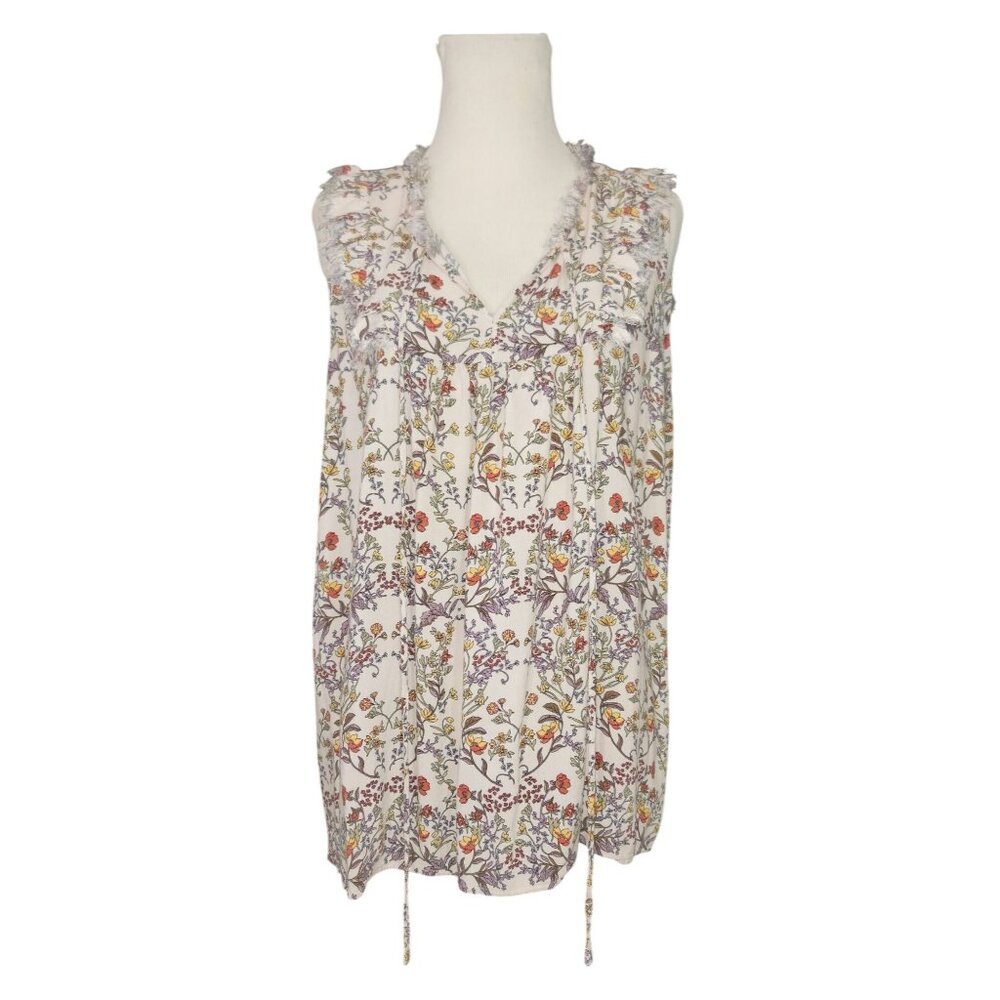 Floral Sleeveless V-Neck Blouse With Ruffle Trim By Pleione Anthropologie L/G
